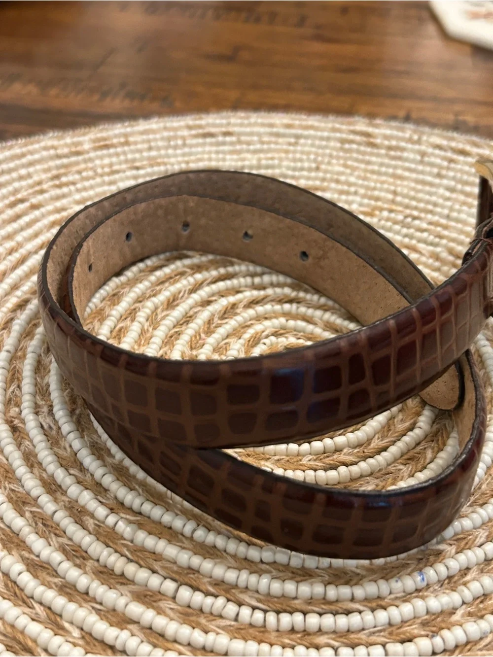 Kim Rogers Brown Croc-Embossed Leather Belt with Gold Buckle